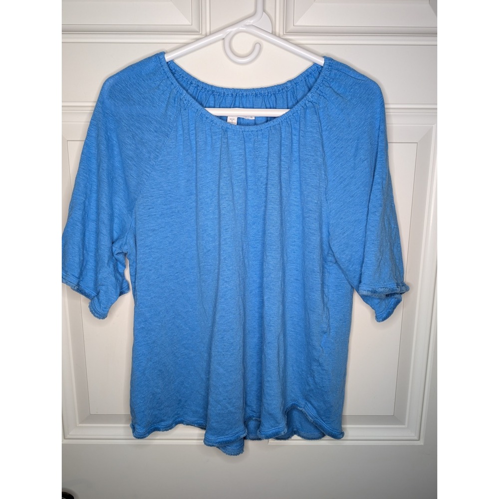 Chicos Blue 100% Linen Knit Top Elbow Sleeve Raw Fringe Hem Womens Size XL